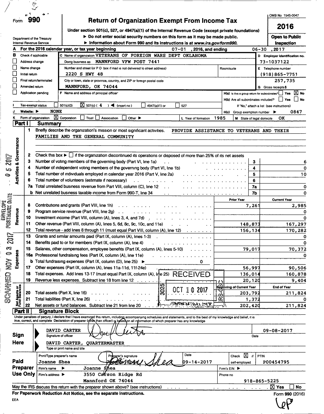 Image of first page of 2016 Form 990O for Veterans of Foreign Wars Dept Oklahoma - Mannford VFW Post 7441