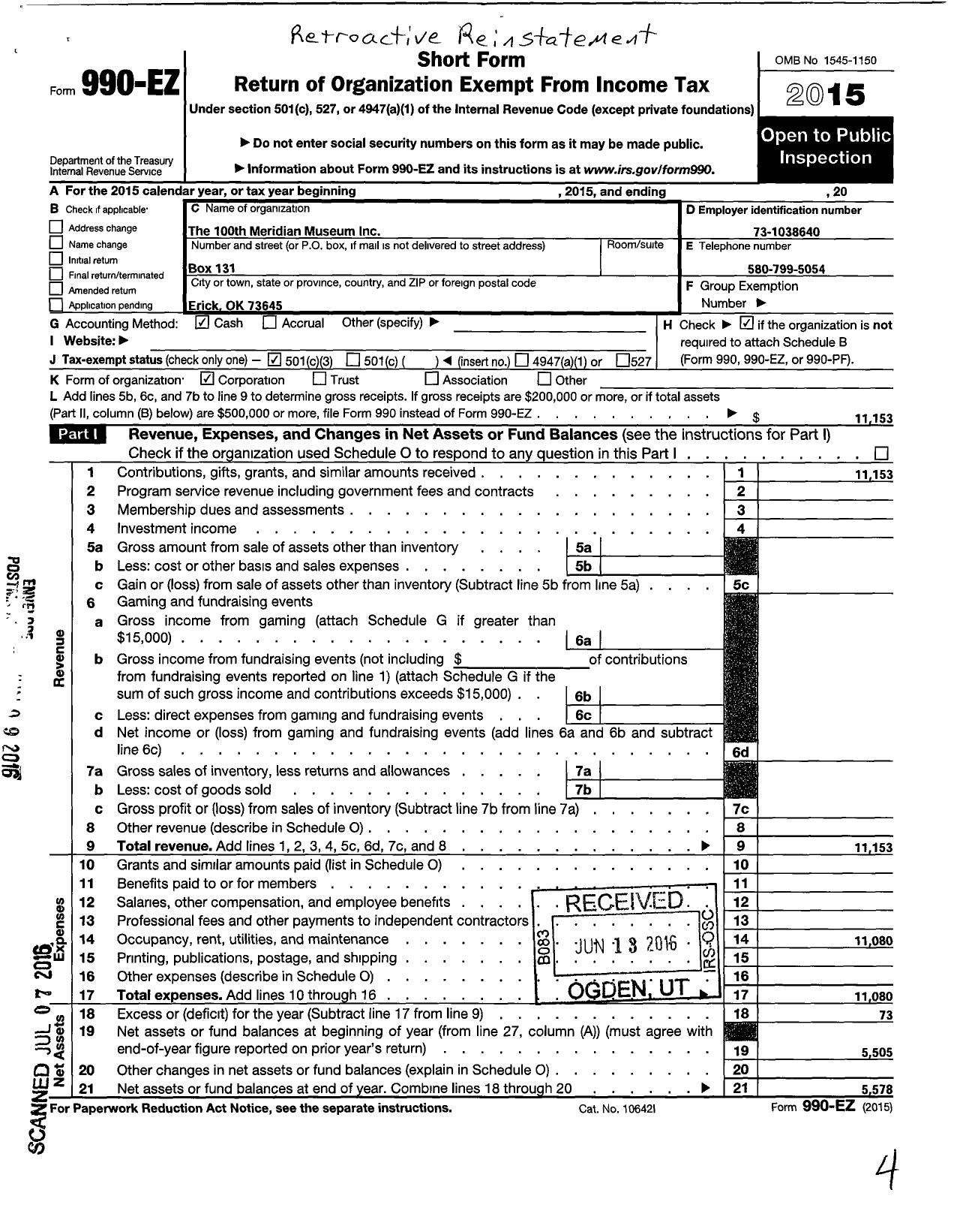 Image of first page of 2015 Form 990EZ for The 100th Meridian Museum