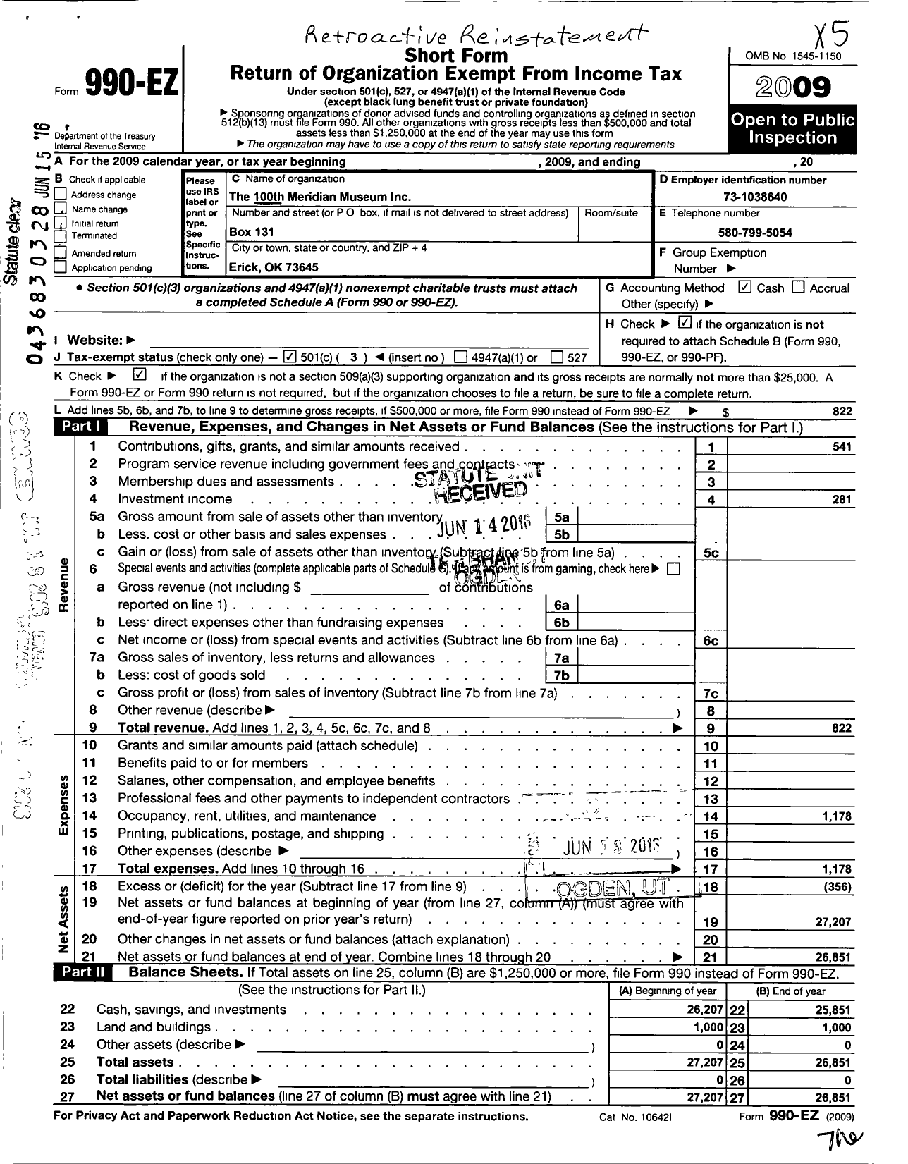 Image of first page of 2009 Form 990EZ for The 100th Meridian Museum