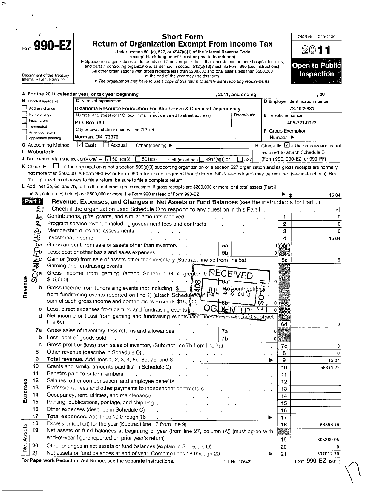 Image of first page of 2011 Form 990EZ for Oklahoma Resource Foundation for Al