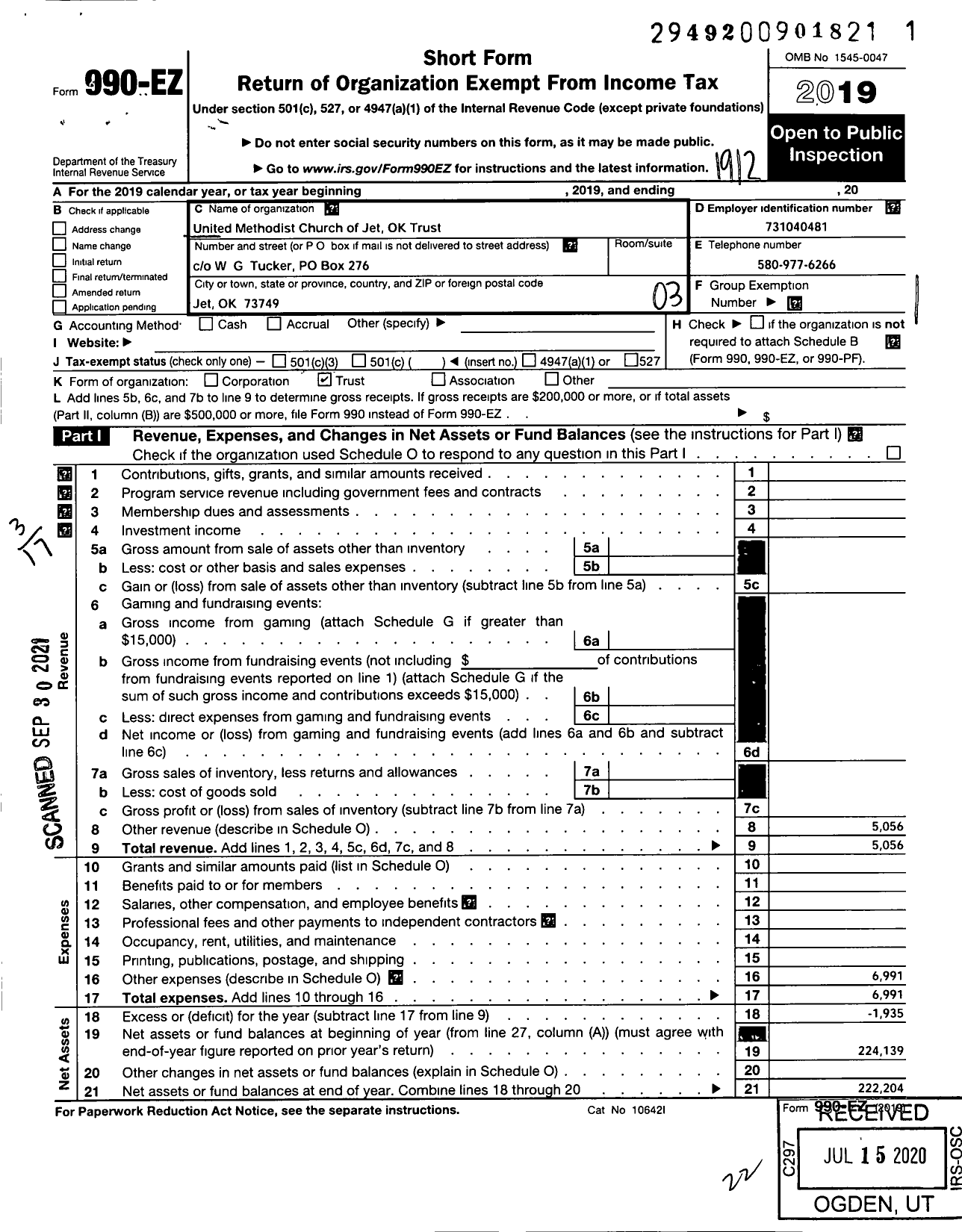 Image of first page of 2019 Form 990EZ for United Methodist Church of Jet OK Trust