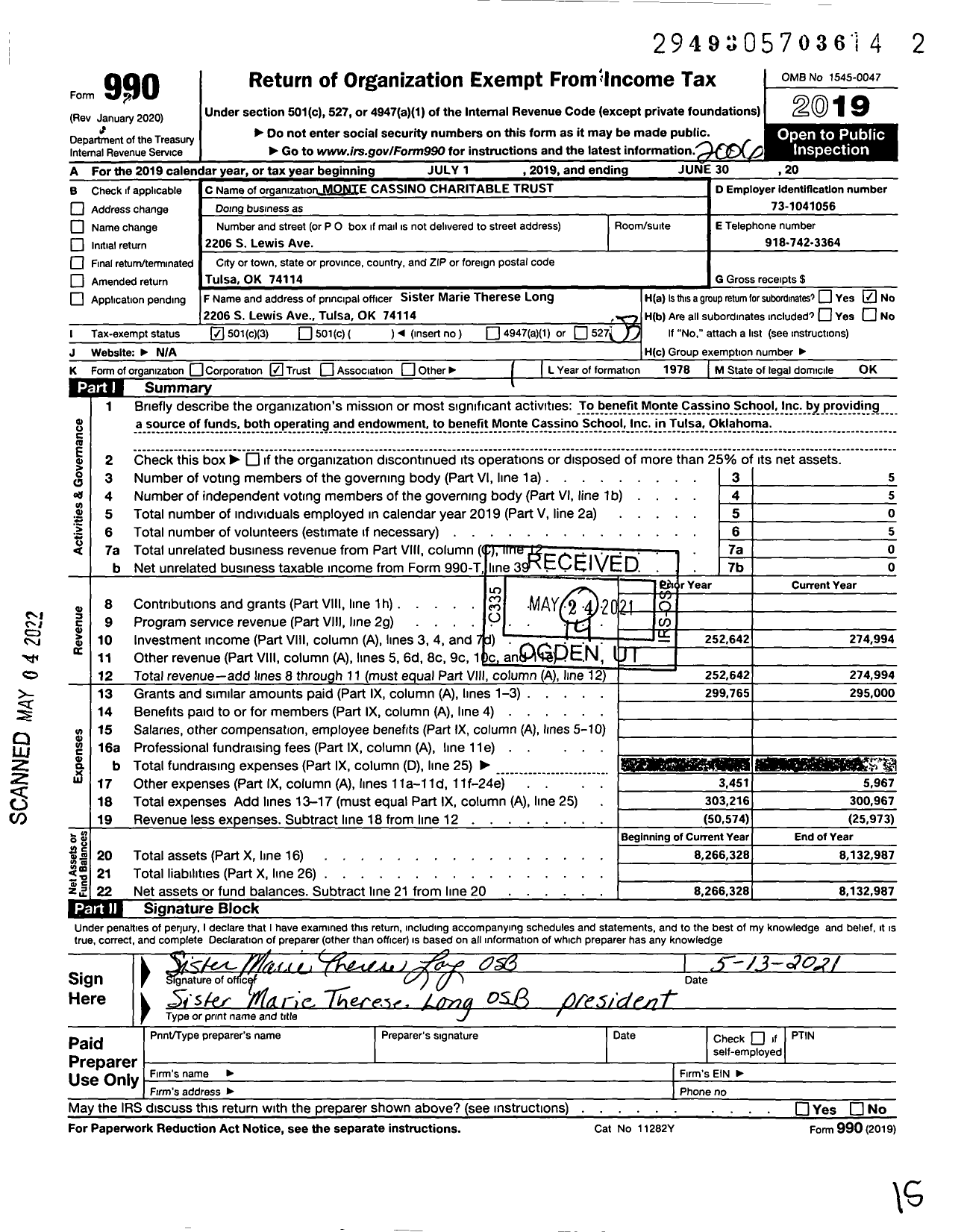 Image of first page of 2019 Form 990 for Monte Cassino Charitable Trust