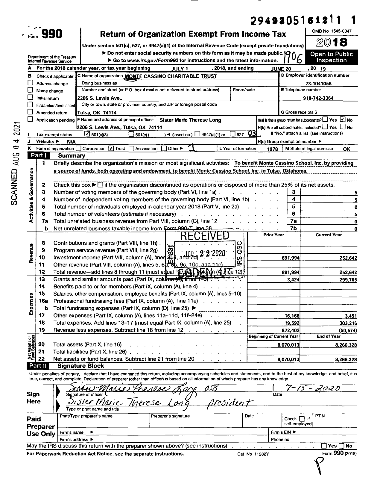 Image of first page of 2018 Form 990 for Monte Cassino Charitable Trust