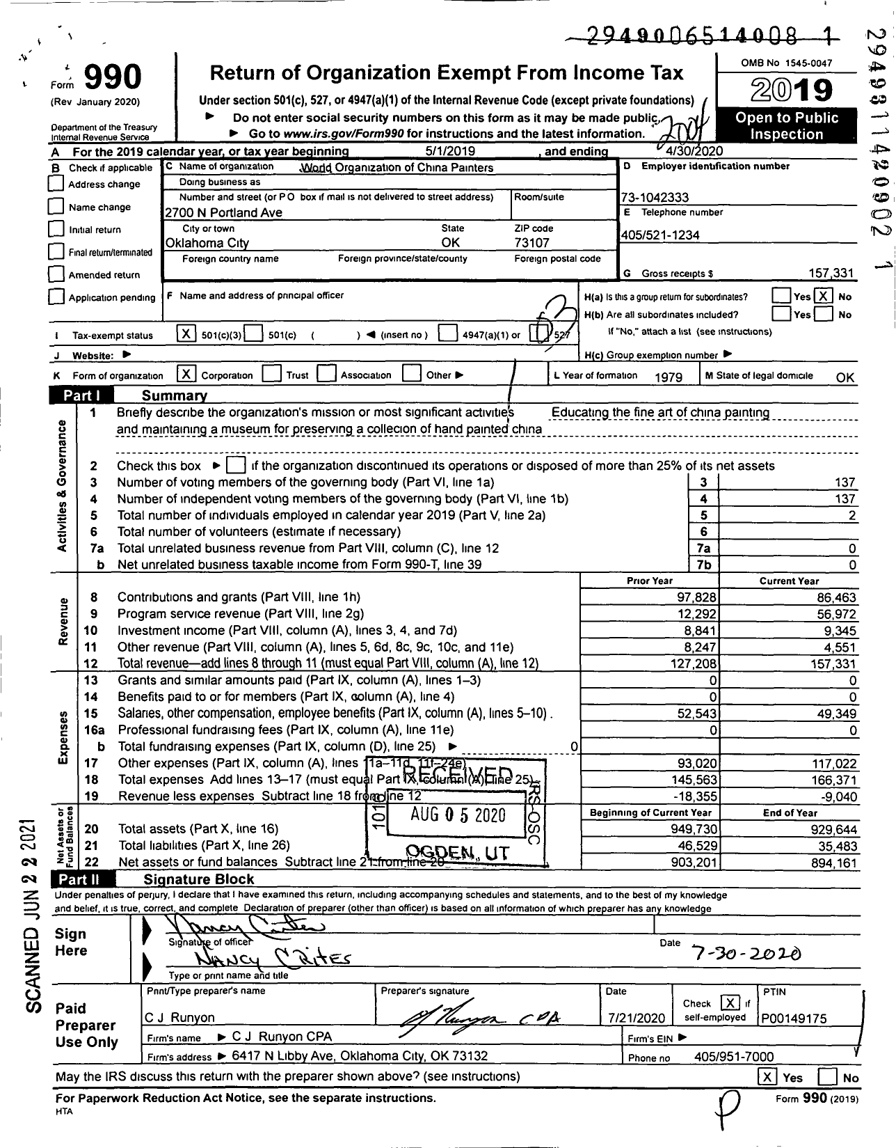 Image of first page of 2019 Form 990 for World Organization of China Painters