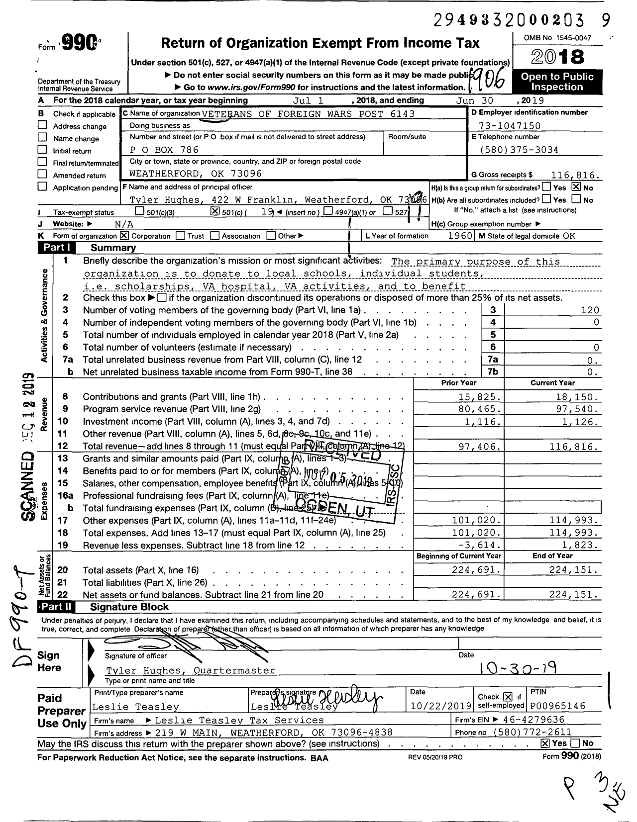 Image of first page of 2018 Form 990O for Veterans of Foreign Wars of the United States Dept of Oklahoma - 6143