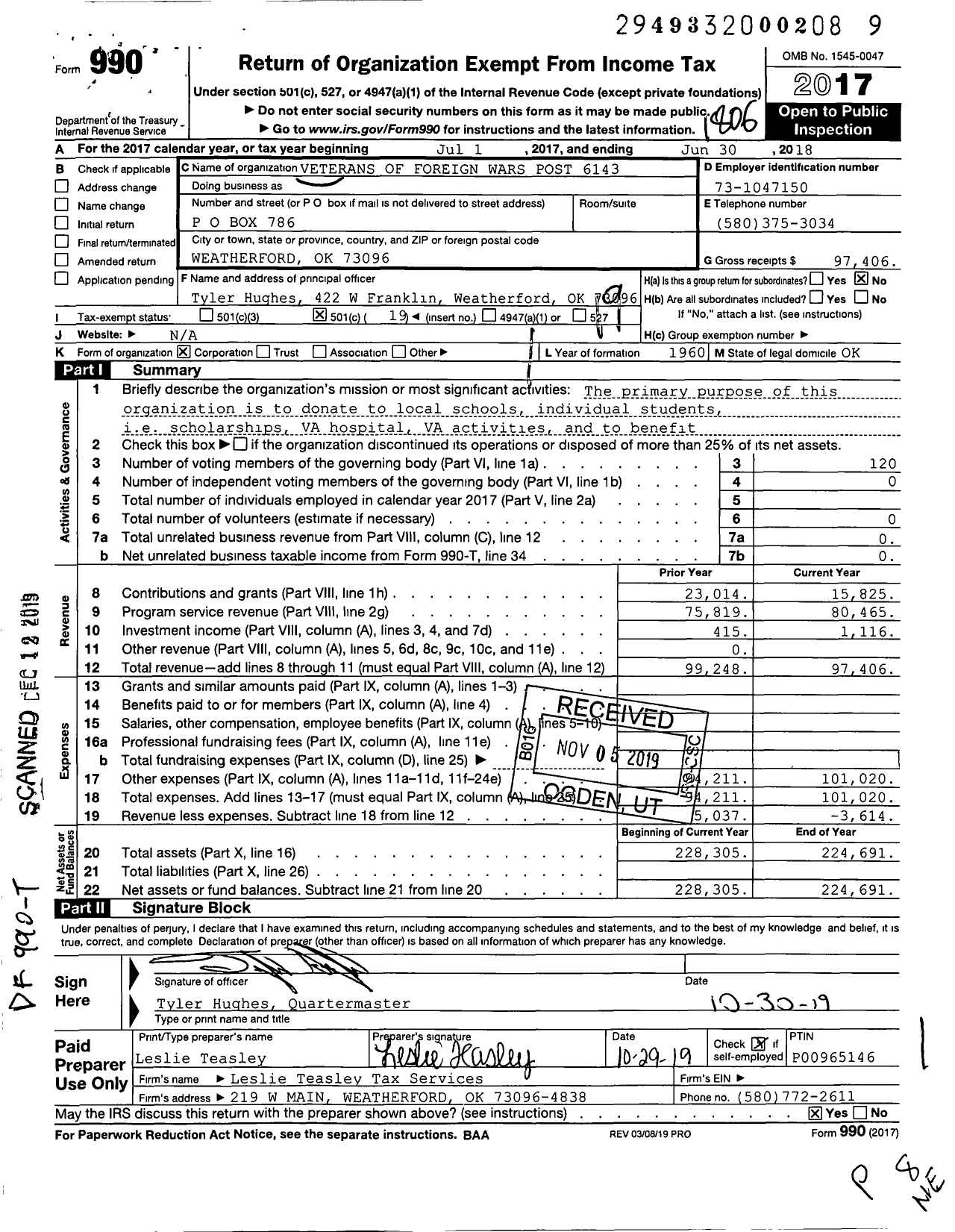 Image of first page of 2017 Form 990O for Veterans of Foreign Wars of the United States Dept of Oklahoma - 6143