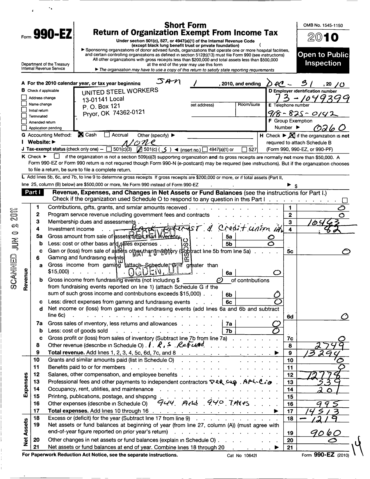 Image of first page of 2010 Form 990EO for United Steelworkers - 13-1141 Local