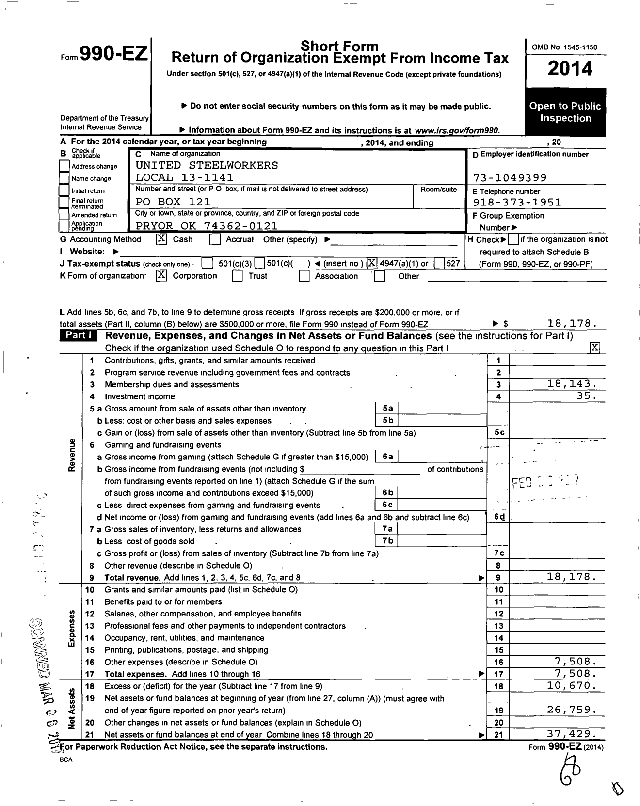 Image of first page of 2014 Form 990EO for United Steelworkers - 13-1141 Local