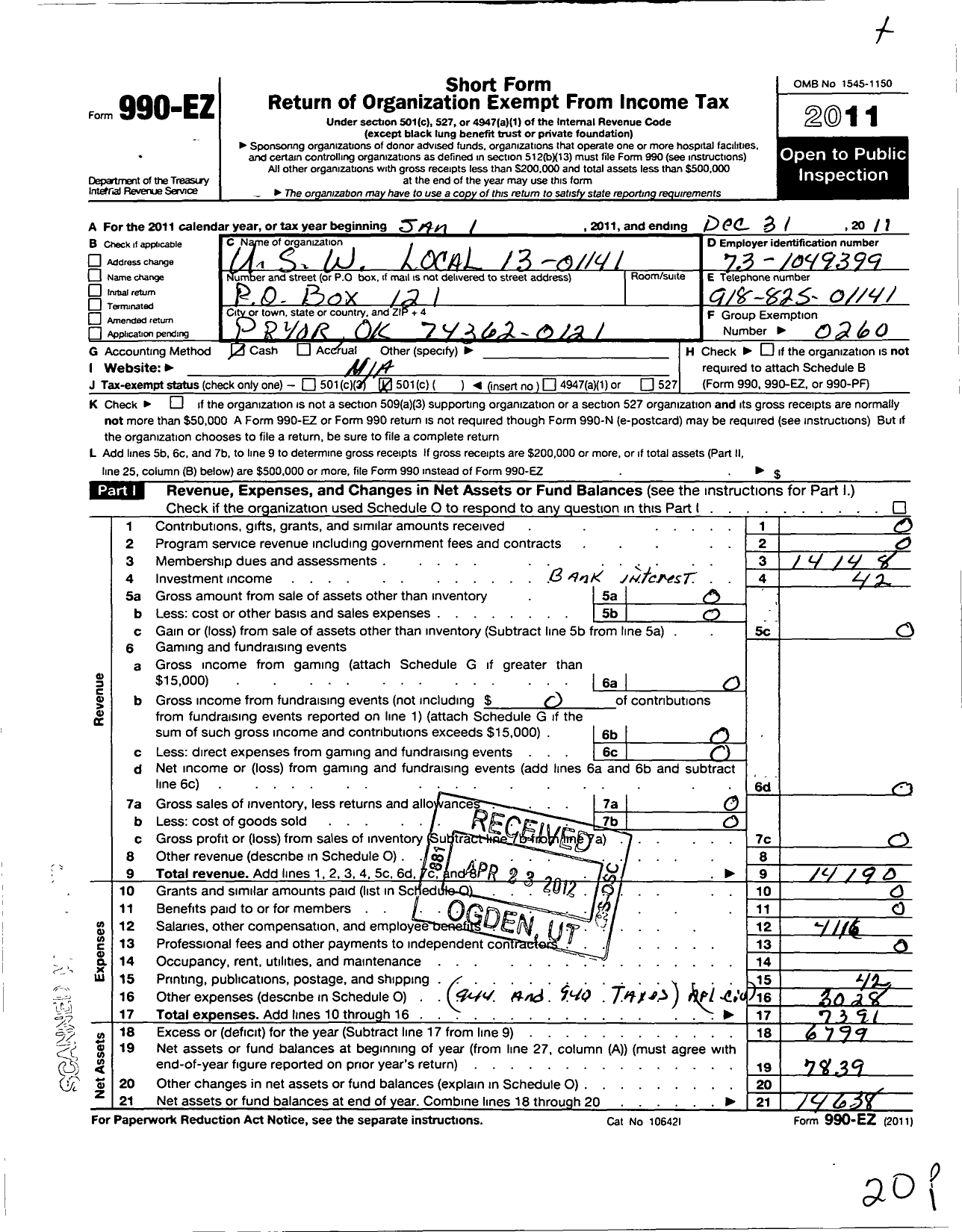 Image of first page of 2011 Form 990EO for United Steelworkers - 13-1141 Local