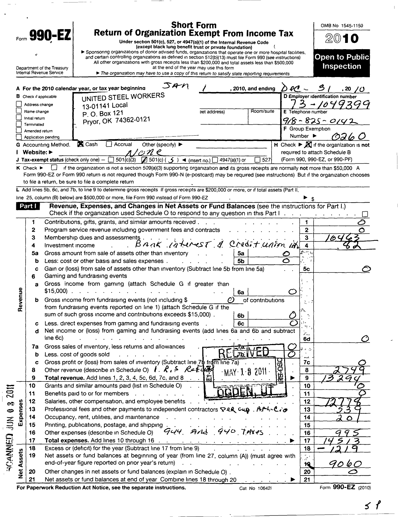 Image of first page of 2010 Form 990EO for United Steelworkers - 13-1141 Local