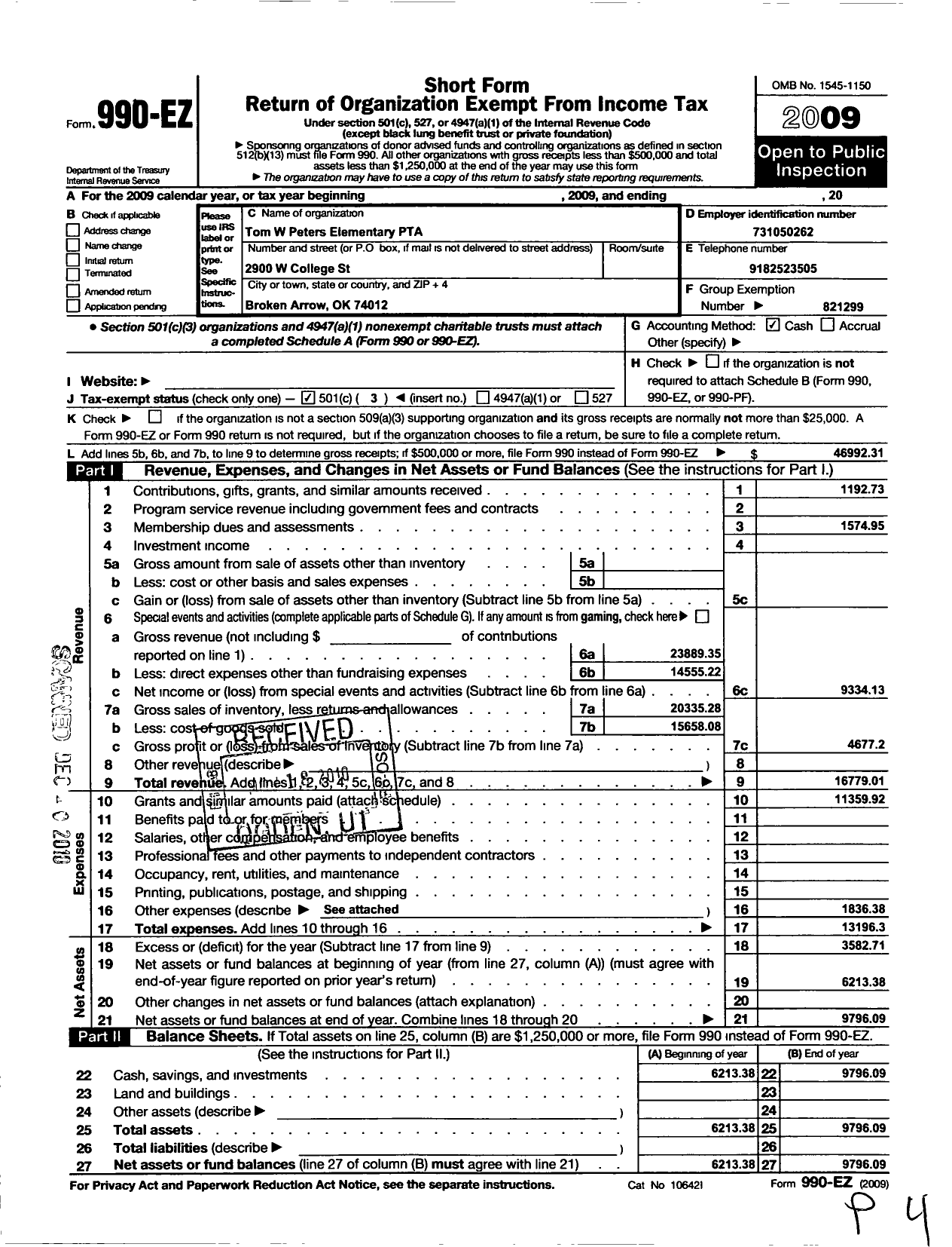 Image of first page of 2009 Form 990EZ for PTA Oklahoma Congress / Tom W Peters Elementary