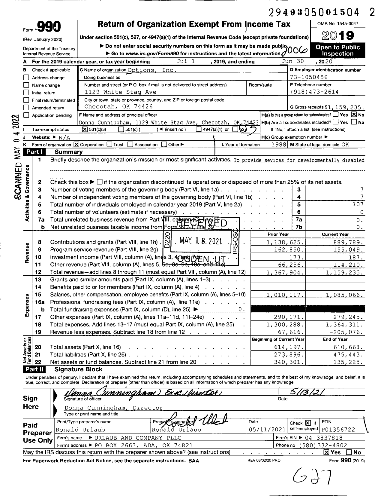 Image of first page of 2019 Form 990 for Options