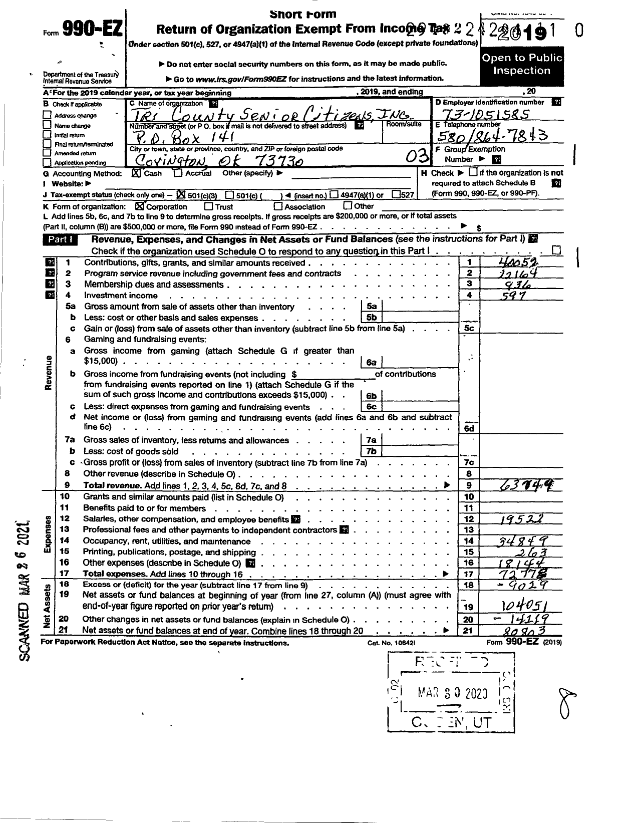 Image of first page of 2019 Form 990EZ for Tri-County Senior Citizens