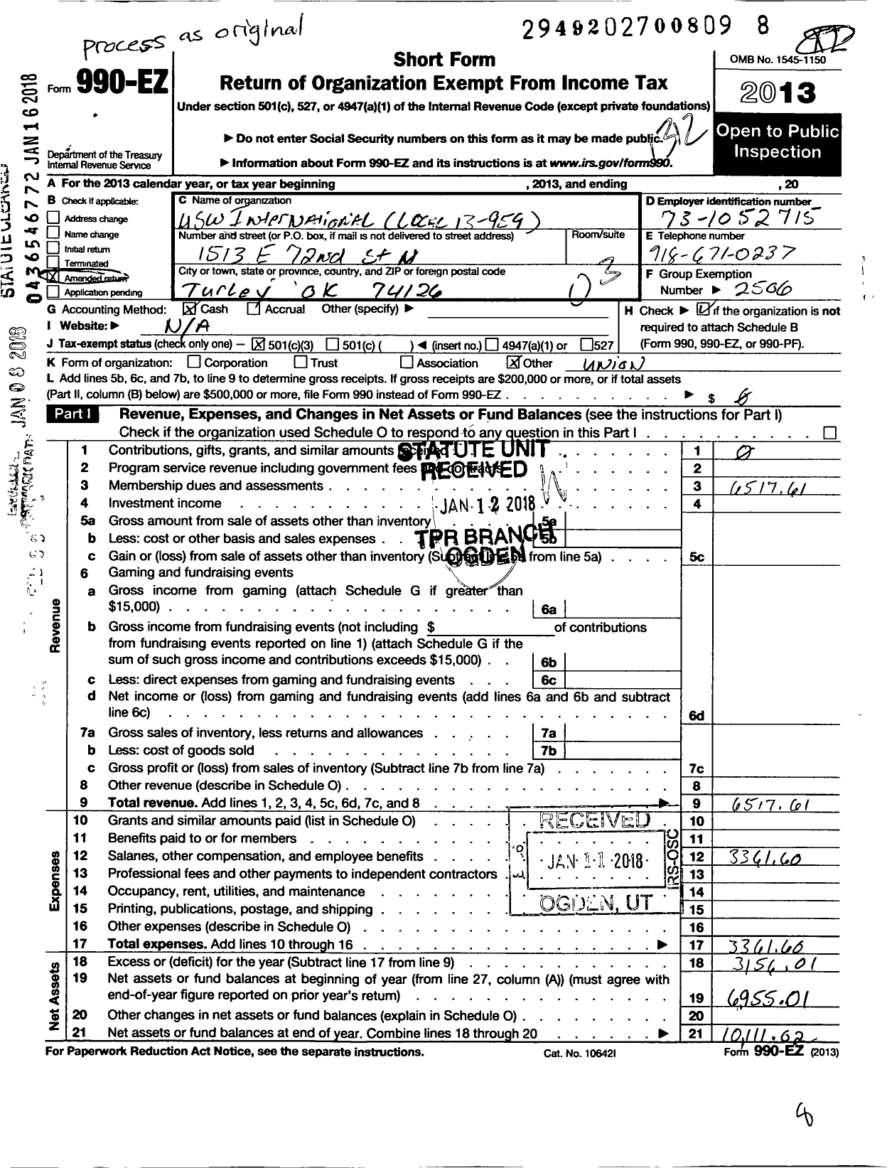 Image of first page of 2013 Form 990EZ for United Steelworkers - 00959 Local