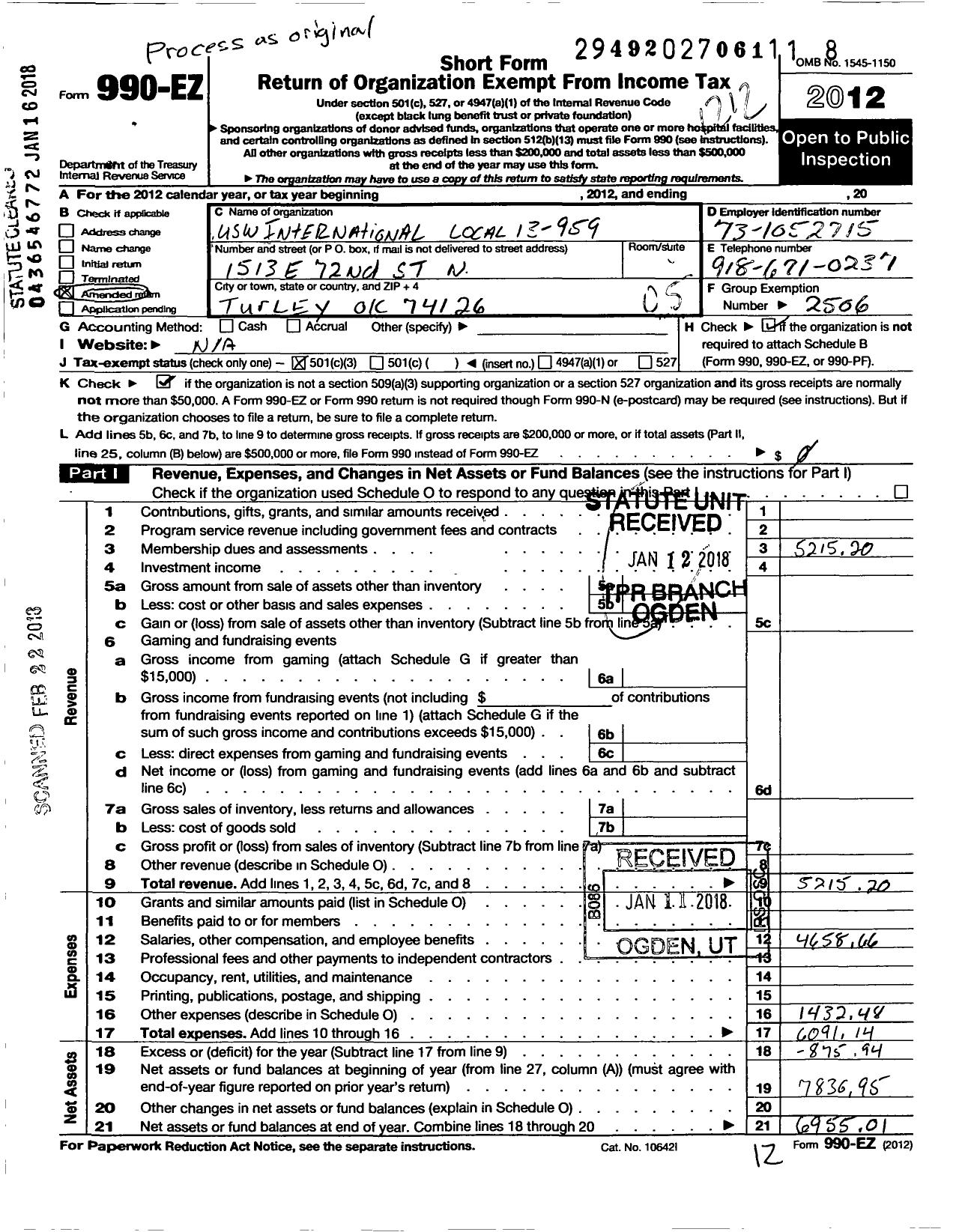 Image of first page of 2012 Form 990EO for United Steelworkers - 00959 Local