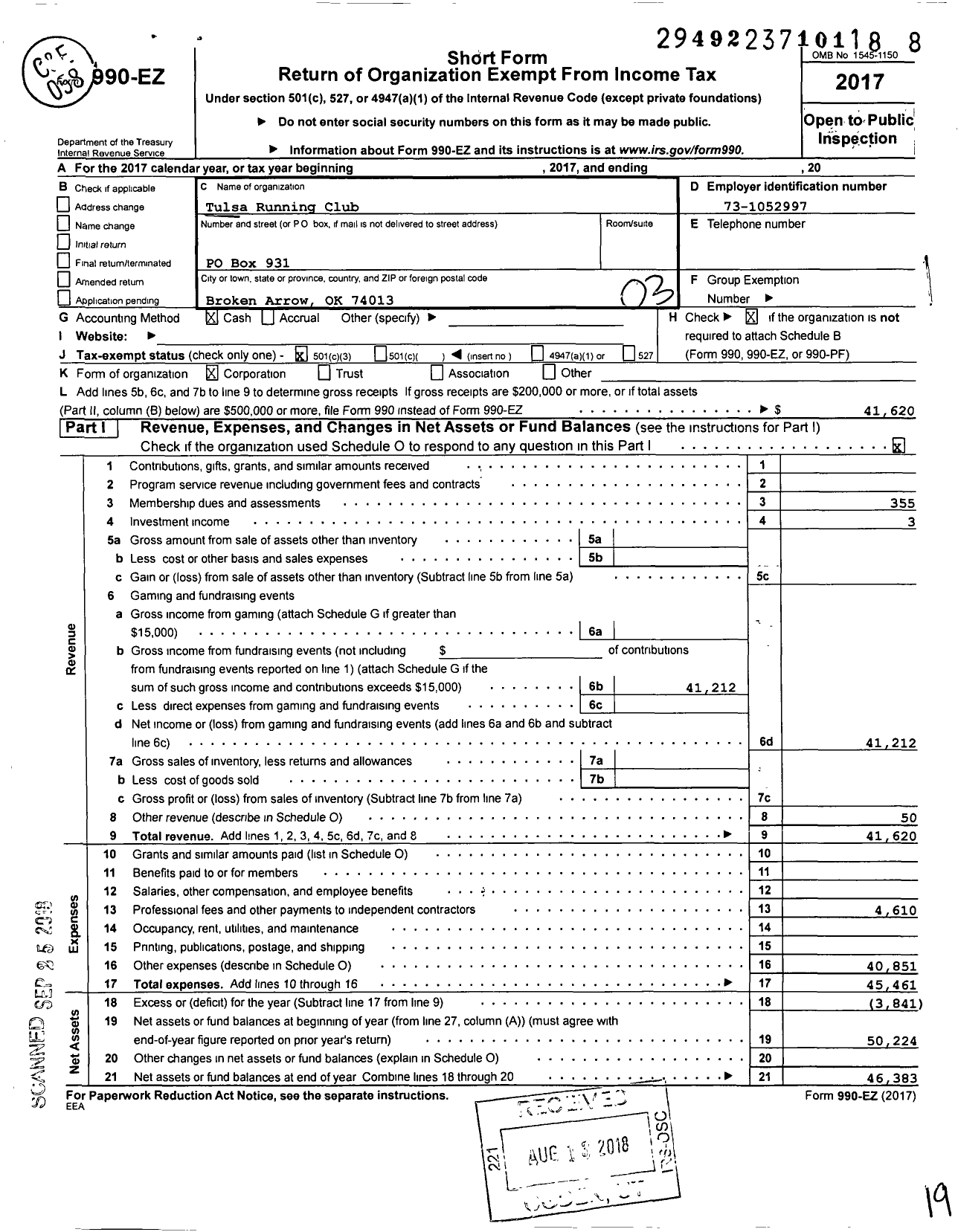 Image of first page of 2017 Form 990EZ for Tulsa Running Club