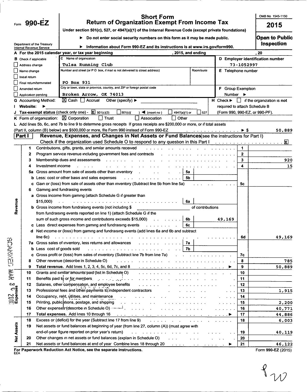 Image of first page of 2015 Form 990EZ for Tulsa Running Club