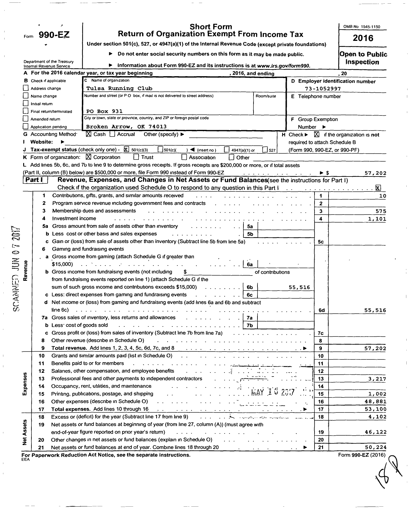 Image of first page of 2016 Form 990EZ for Tulsa Running Club