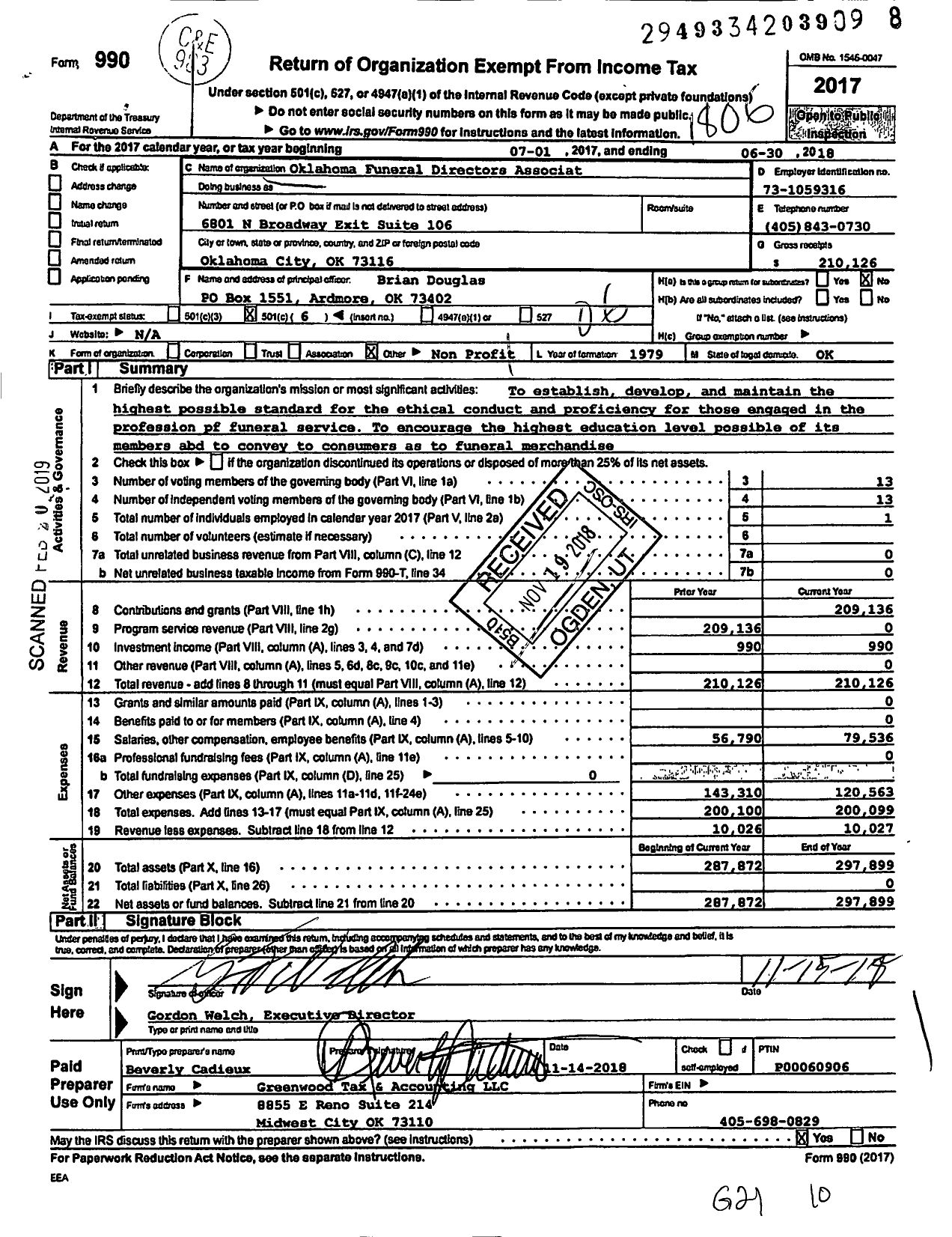 Image of first page of 2017 Form 990O for Oklahoma Funeral Directors Associat