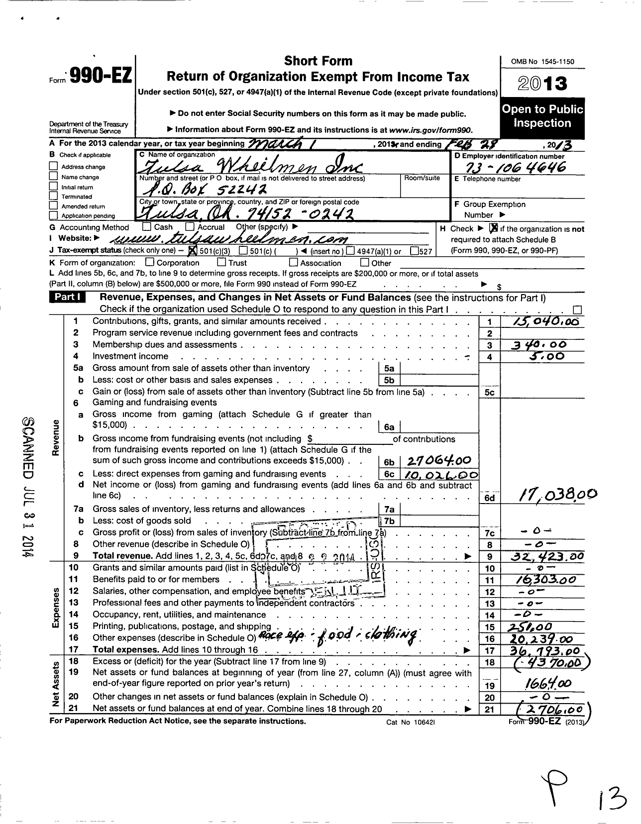 Image of first page of 2012 Form 990EZ for Tulsa Wheelmen