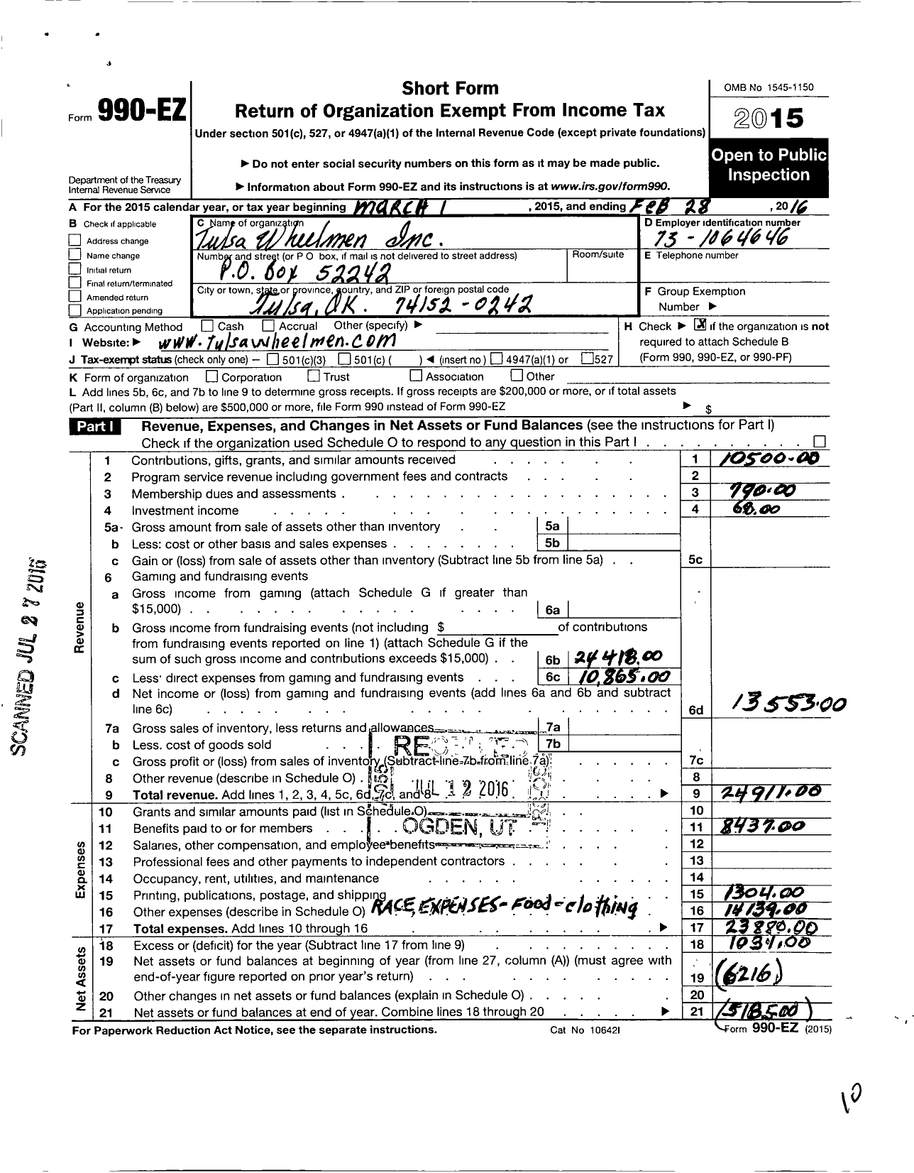 Image of first page of 2015 Form 990EO for Tulsa Wheelmen