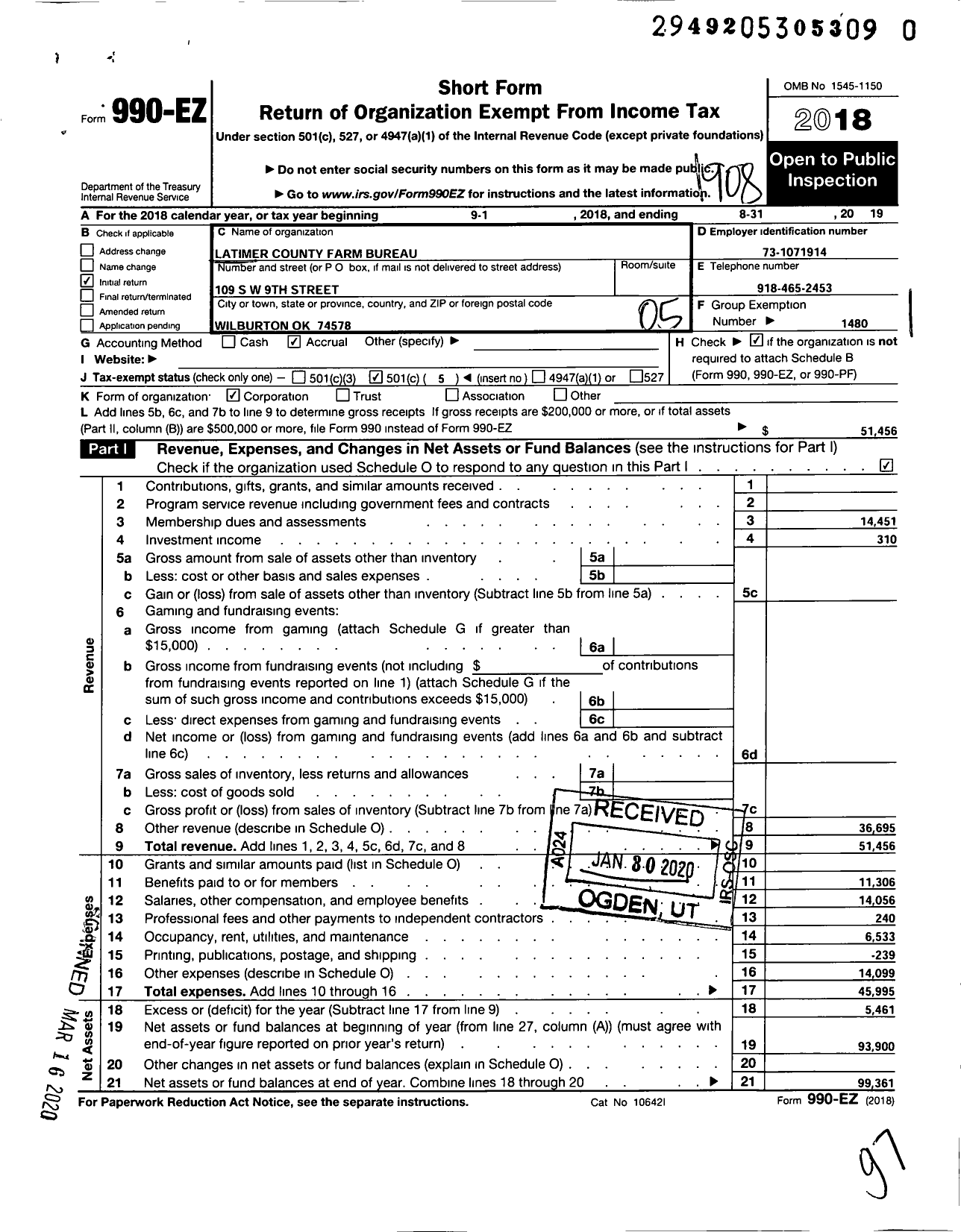 Image of first page of 2018 Form 990EO for Oklahoma Farm Bureau - Latimer County