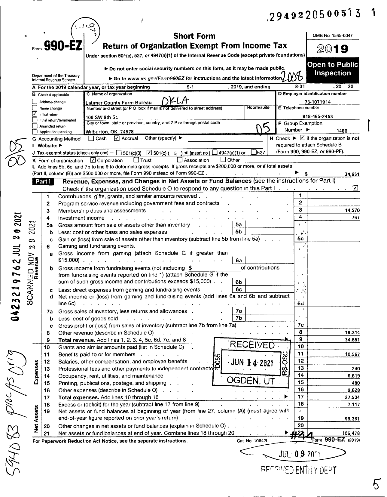 Image of first page of 2019 Form 990EO for Oklahoma Farm Bureau - Latimer County