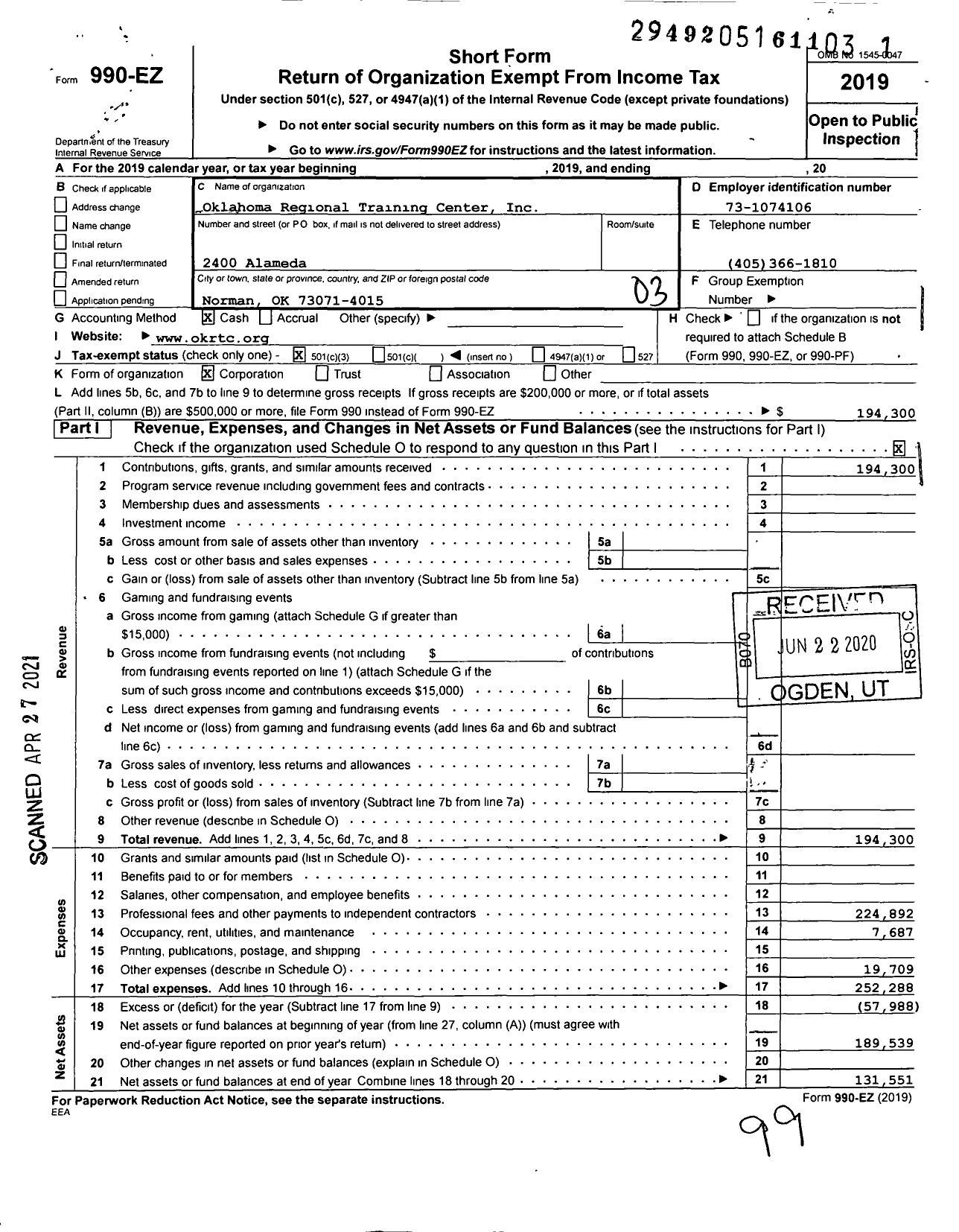 Image of first page of 2019 Form 990EZ for Oklahoma Regional Training Center