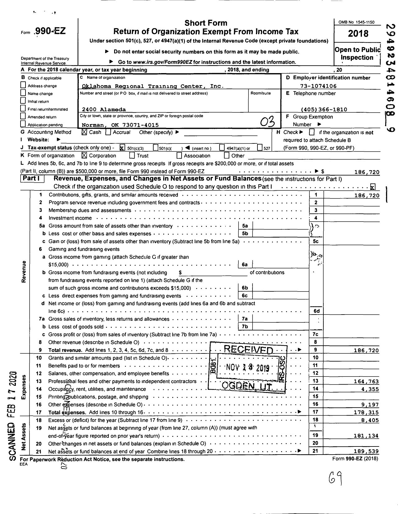 Image of first page of 2018 Form 990EZ for Oklahoma Regional Training Center