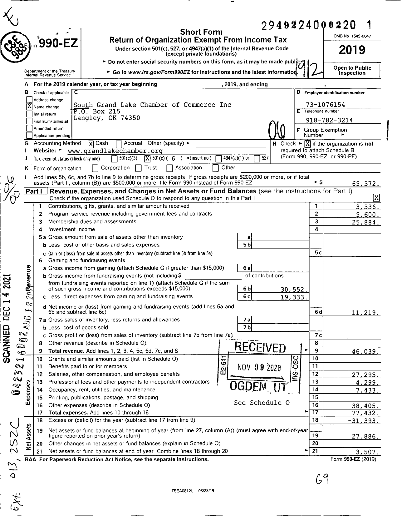 Image of first page of 2019 Form 990EO for South Grand Lake Chamber of Commerce