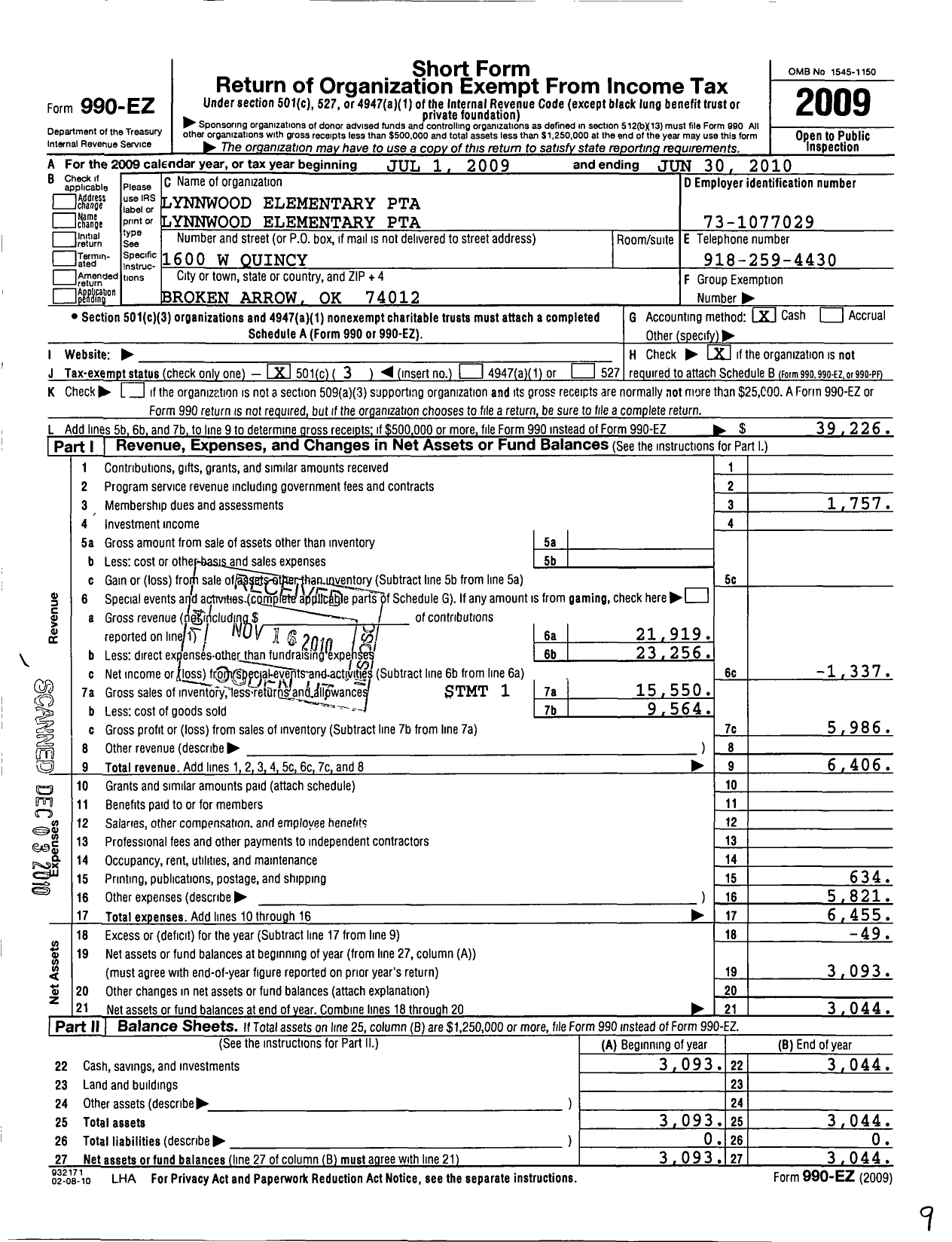 Image of first page of 2009 Form 990EZ for PTA Oklahoma Congress / Lynn Wood Elementary