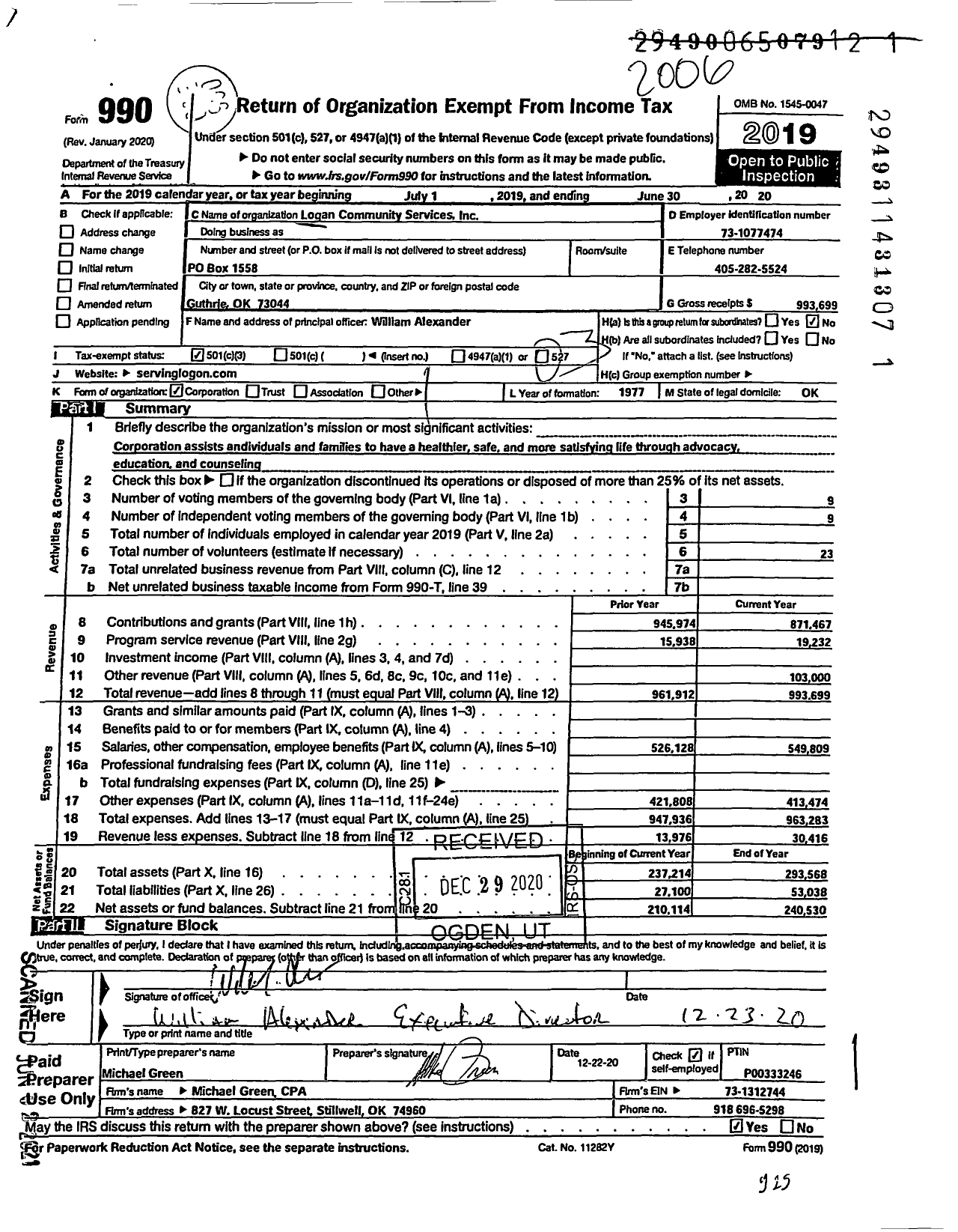 Image of first page of 2019 Form 990 for Logan Community Services