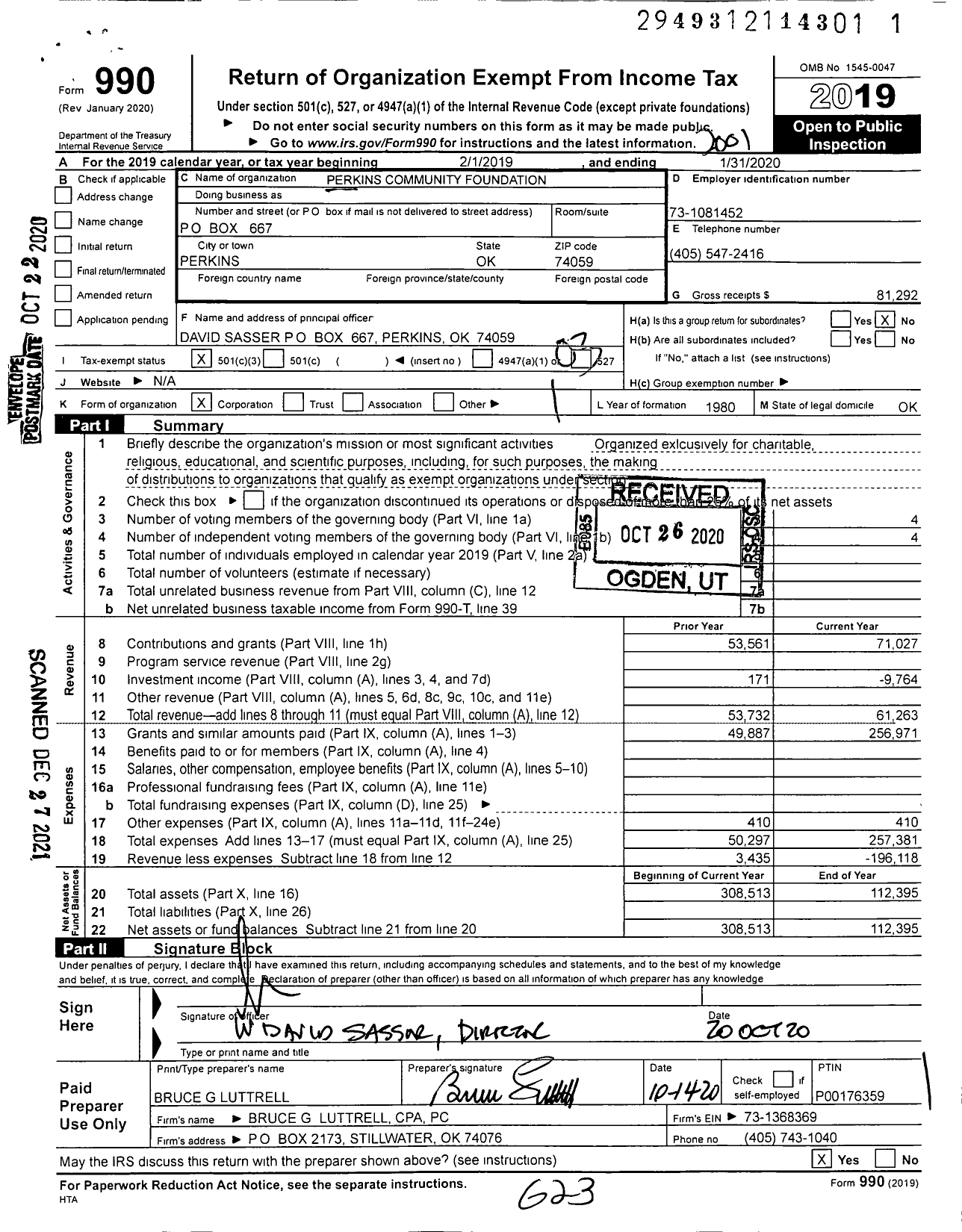 Image of first page of 2019 Form 990 for Perkins Community Foundation