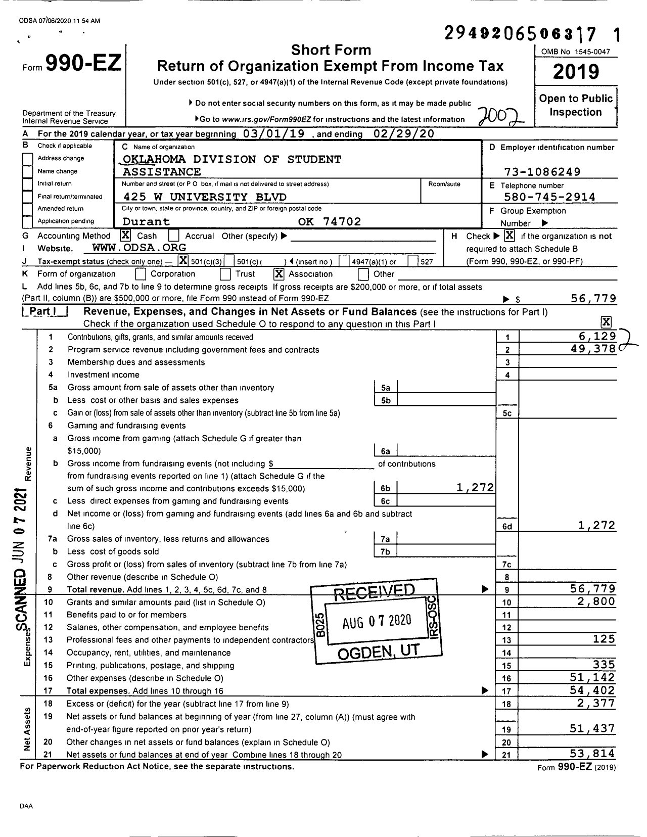 Image of first page of 2019 Form 990EZ for Oklahoma Division of Student Assistance