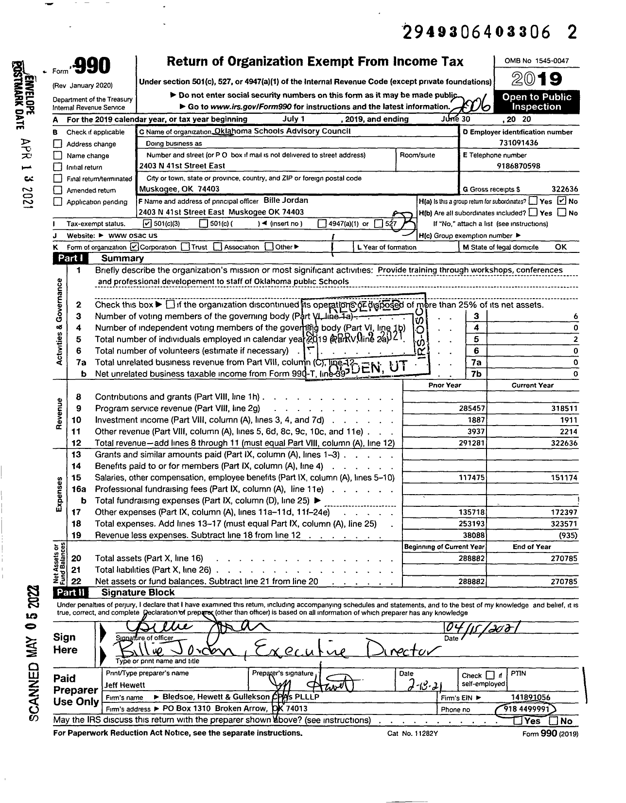 Image of first page of 2019 Form 990 for Oklahoma Schools Advisory Council