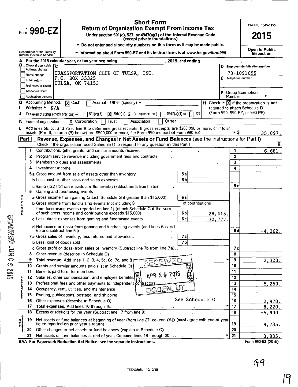 Image of first page of 2015 Form 990EO for Transportation Club of Tulsa