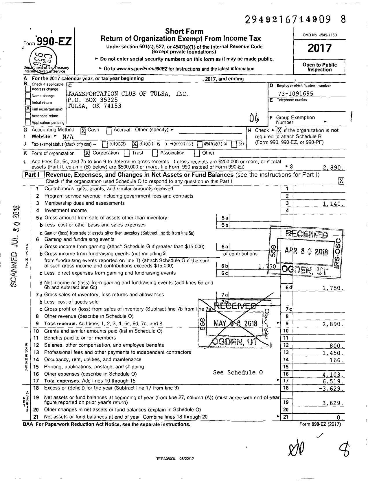 Image of first page of 2017 Form 990EO for Transportation Club of Tulsa