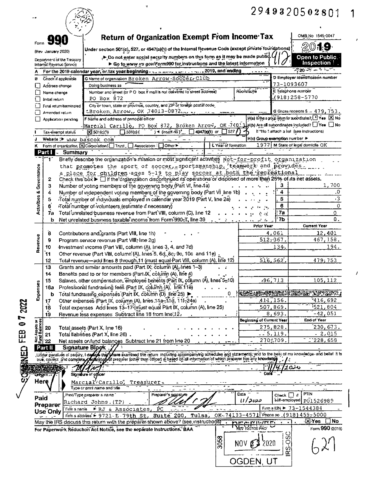 Image of first page of 2019 Form 990 for Broken Arrow Soccer Club Wilson