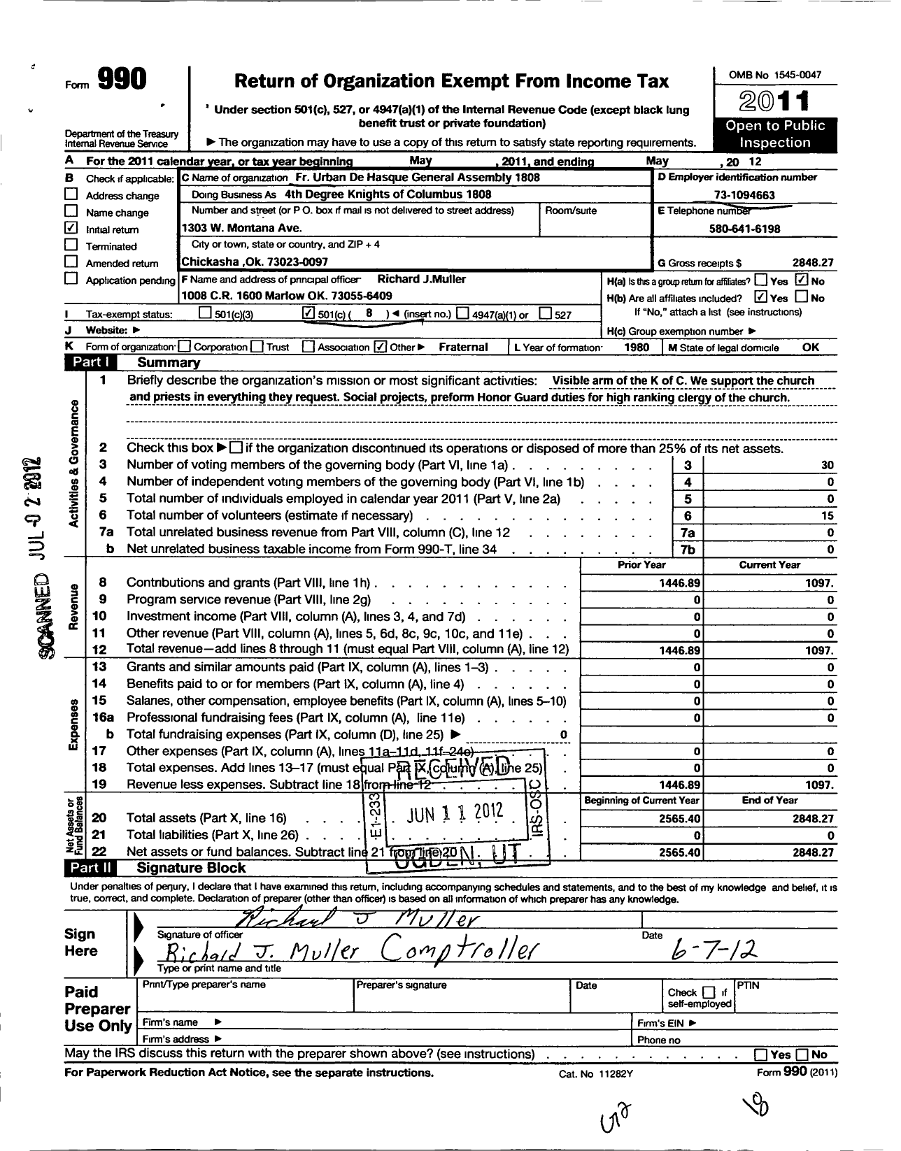 Image of first page of 2011 Form 990O for Father Urban de Hasque General Assembly Fourth Degree Knights