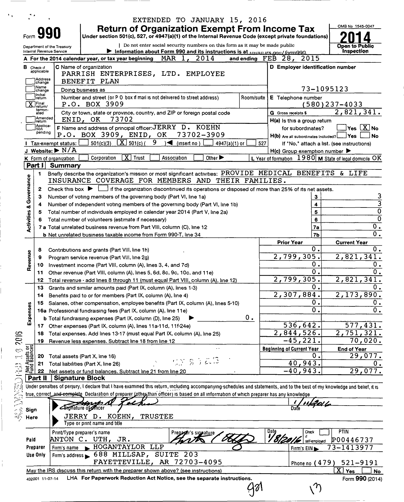 Image of first page of 2014 Form 990O for Parrish Enterprises Employee Benefit Plan
