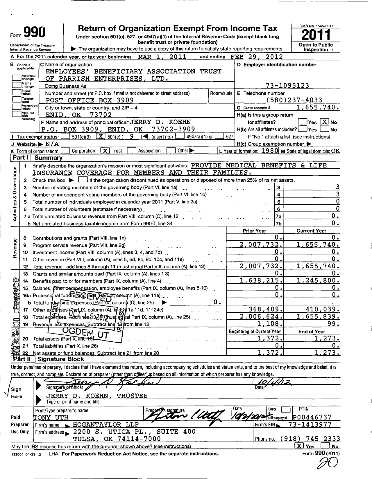 Image of first page of 2011 Form 990O for Parrish Enterprises Employee Benefit Plan