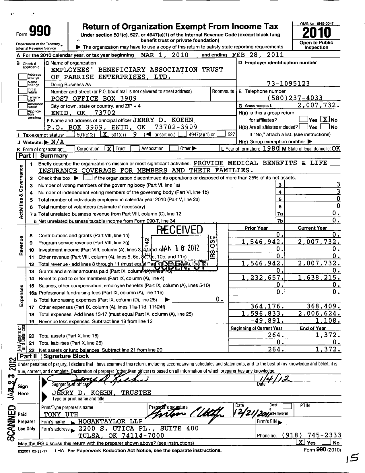 Image of first page of 2010 Form 990O for Parrish Enterprises Employee Benefit Plan