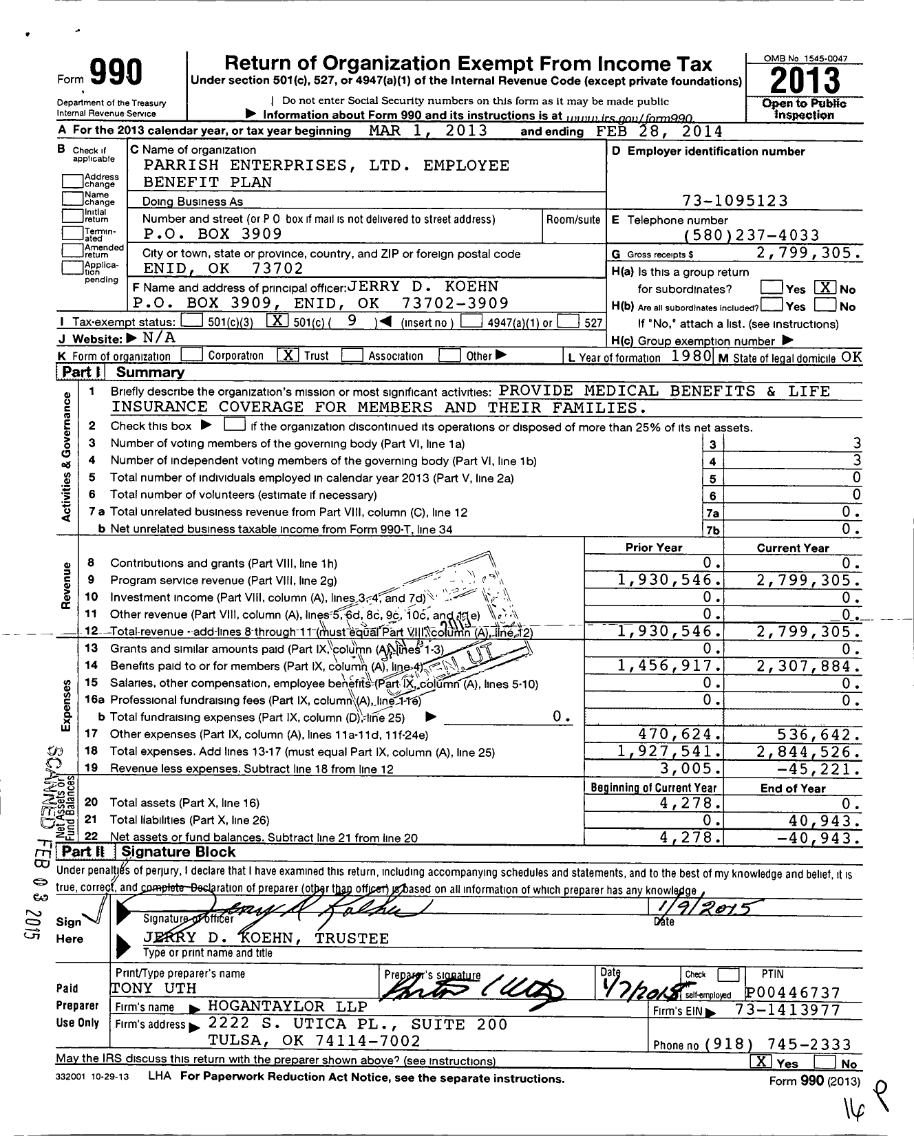 Image of first page of 2013 Form 990O for Parrish Enterprises Employee Benefit Plan