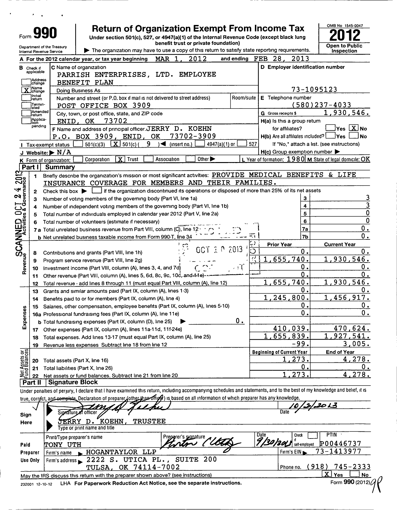Image of first page of 2012 Form 990O for Parrish Enterprises Employee Benefit Plan
