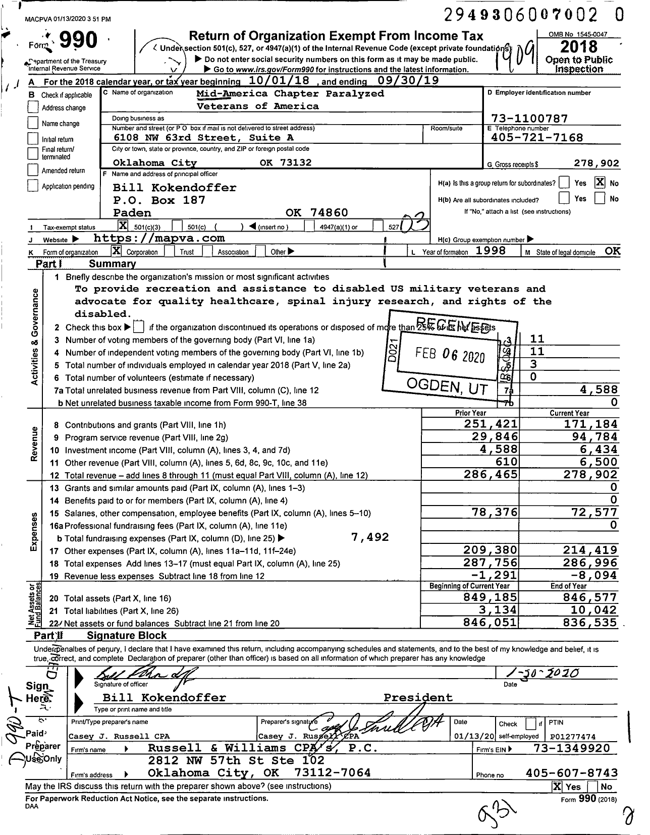 Image of first page of 2018 Form 990 for Paralyzed Veterans of America - Mid-America Chapter