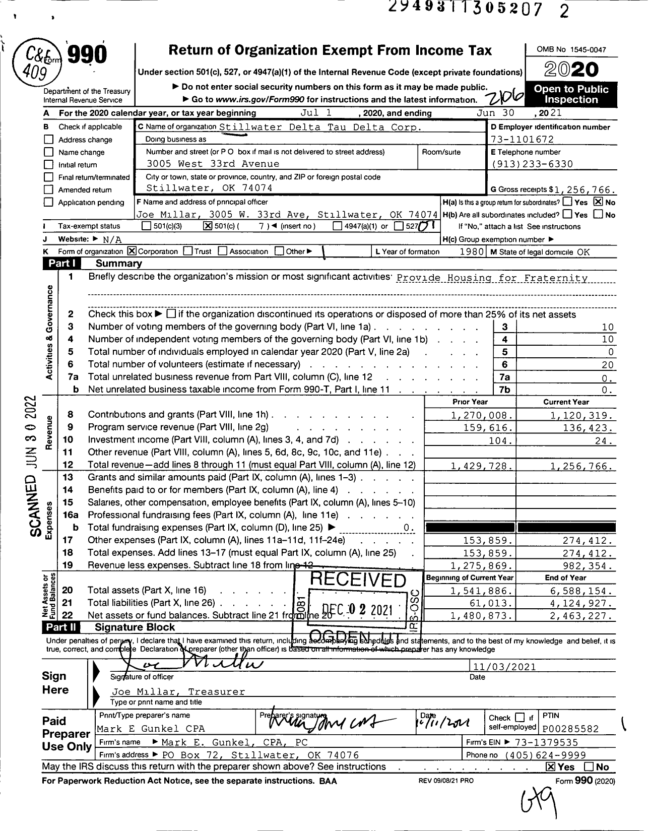 Image of first page of 2020 Form 990O for Stillwater Delta Tau Delta Corp