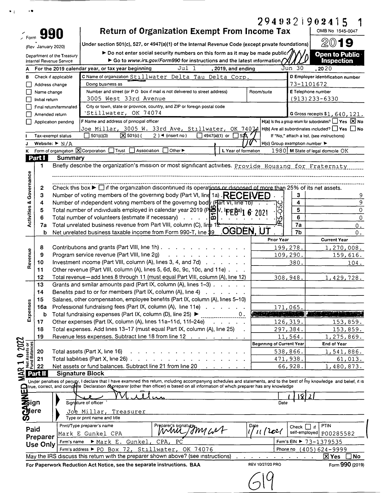 Image of first page of 2019 Form 990O for Stillwater Delta Tau Delta Corp