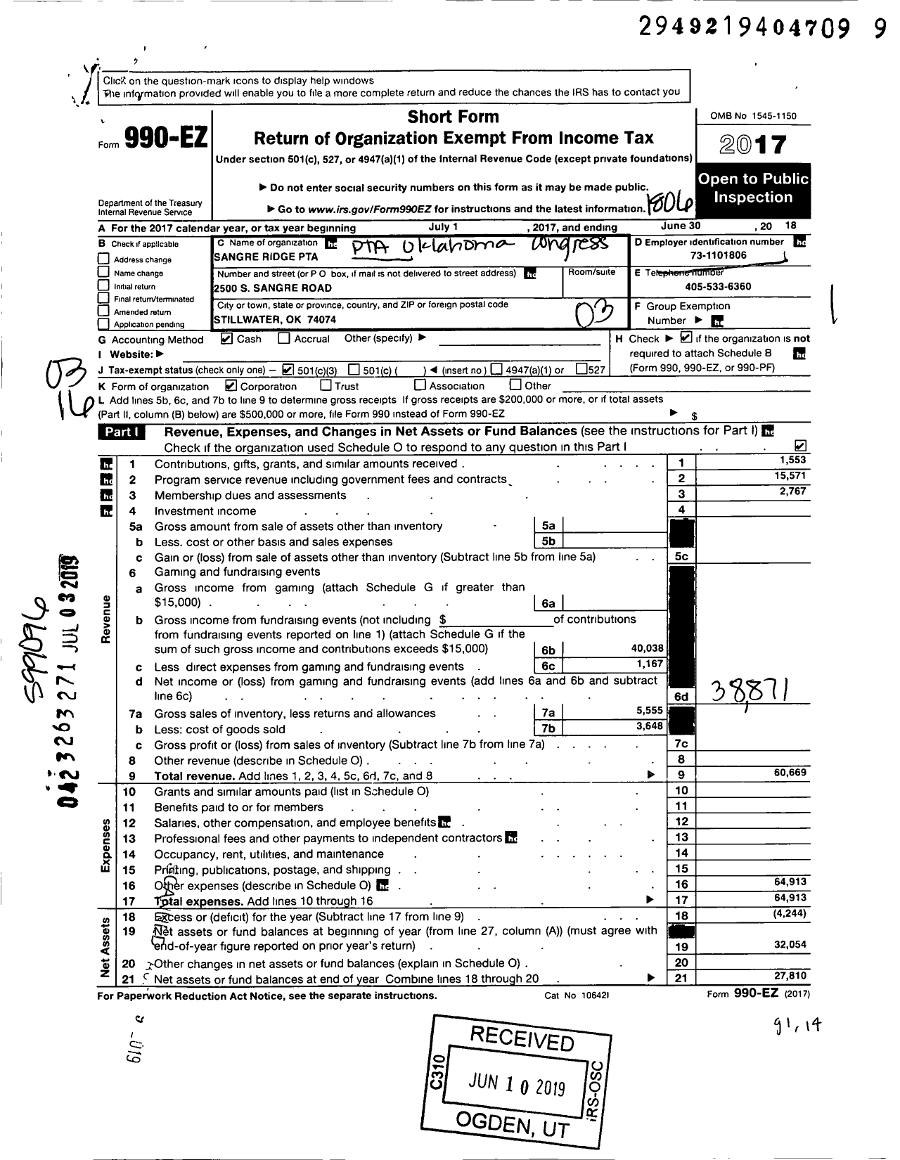 Image of first page of 2017 Form 990EZ for PTA Sangre Ridge