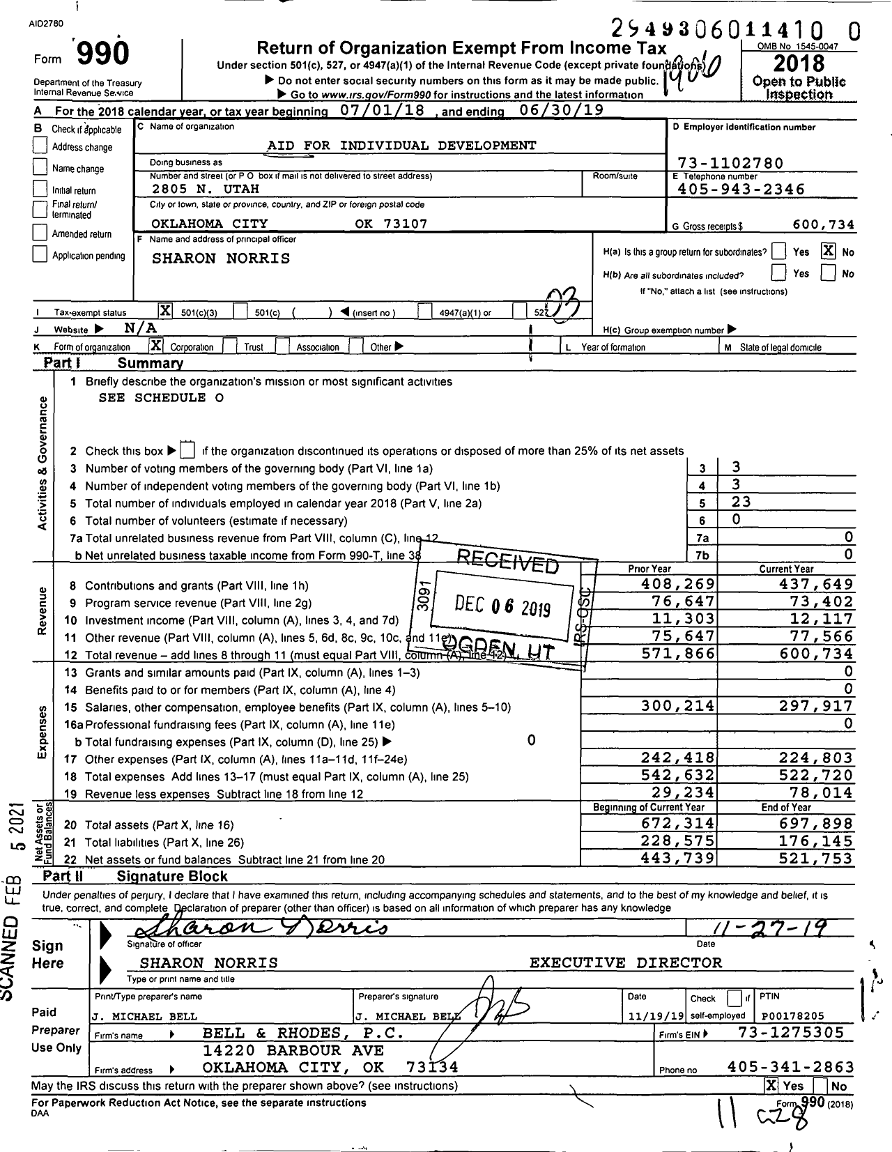 Image of first page of 2018 Form 990 for Aid for Individual Development