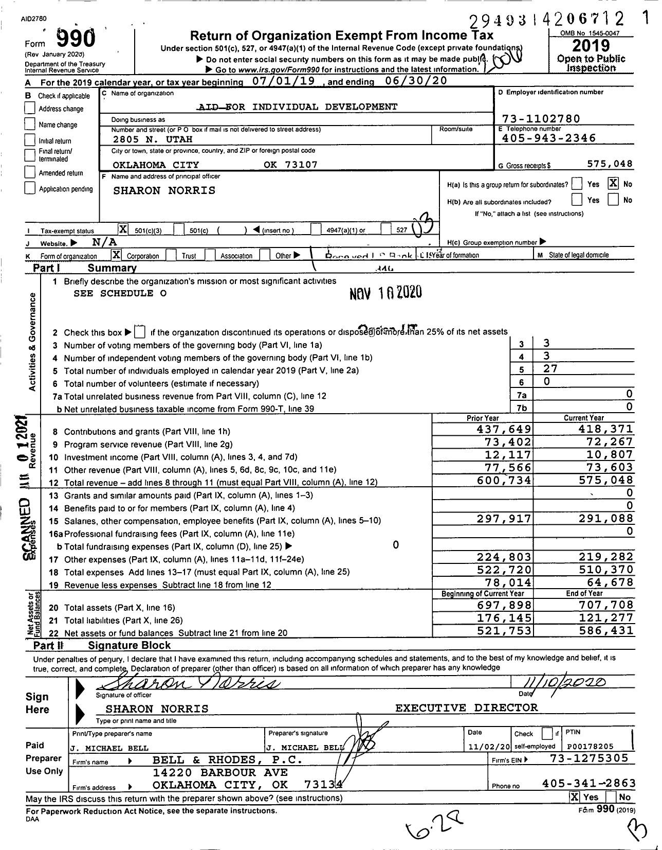 Image of first page of 2019 Form 990 for Aid for Individual Development